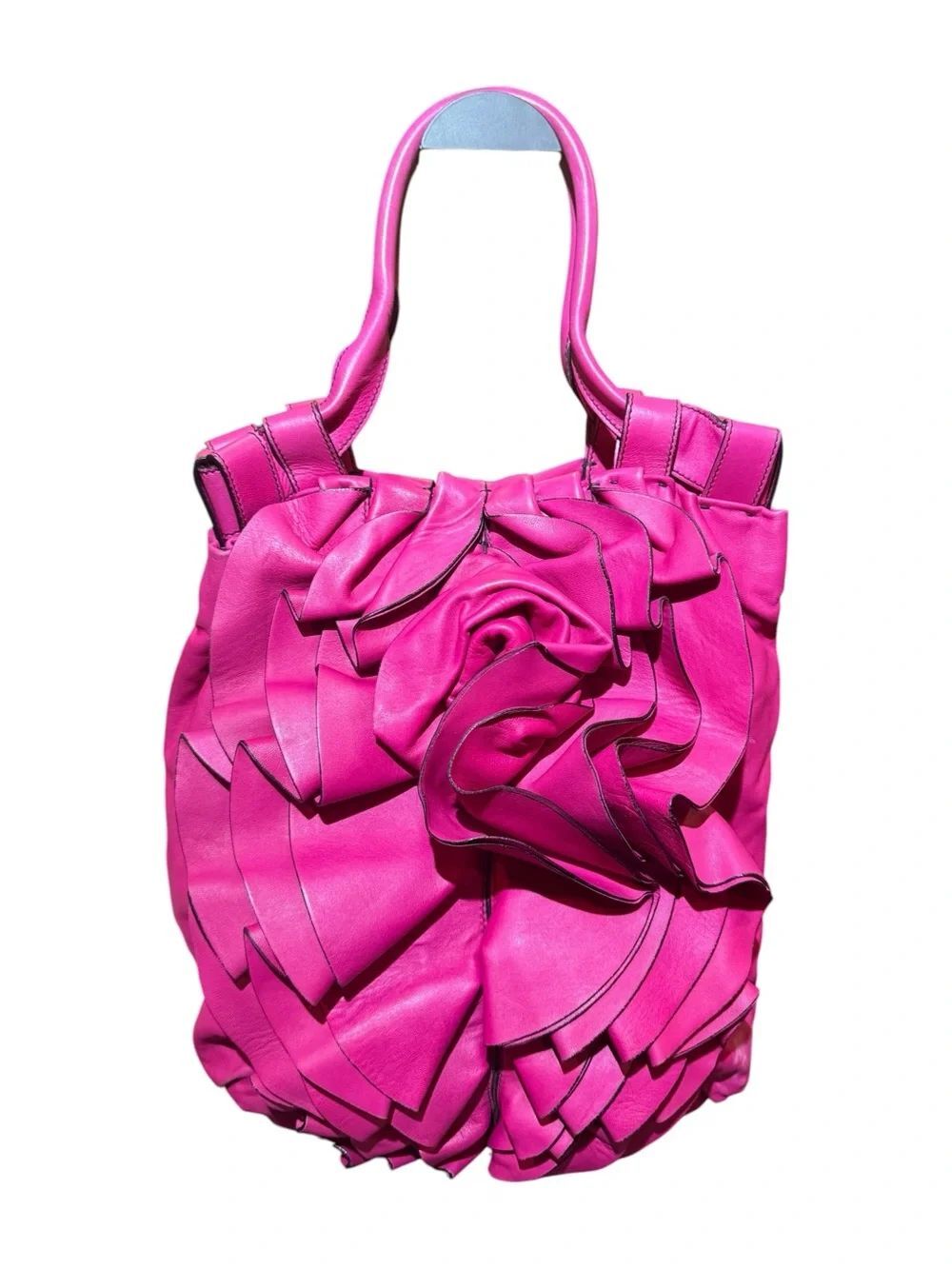 Valentino Garavani Fuchsia Pink Leather Petale Rose Tote Bag